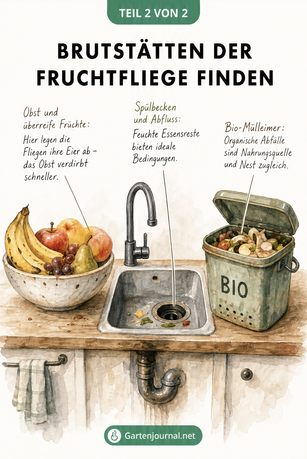 Illustration einer Küche mit Obstschale, Spülbecken und Bio-Mülleimer als Brutstätten für Fruchtfliegen