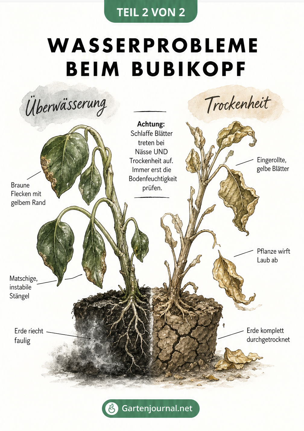 Gegenüberstellung von zwei Bubikopf-Trieben: Links die Symptome von Überwässerung mit schlaffen Blättern und Schimmel, rechts die Anzeichen von Trockenheit mit...