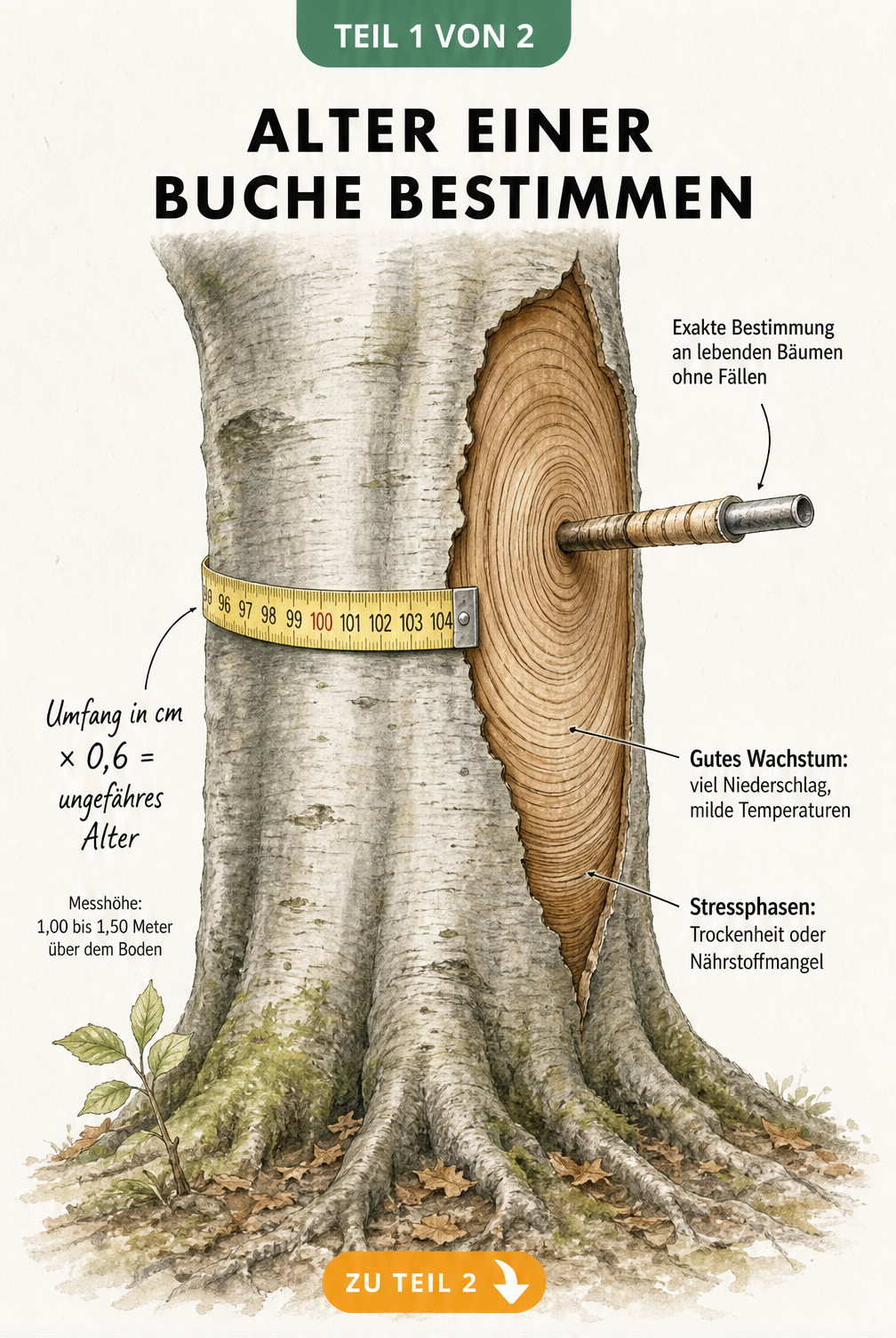 Illustration eines Buchenstamms mit Maßband zur Altersbestimmung über den Umfang und sichtbaren Jahresringen im Holz