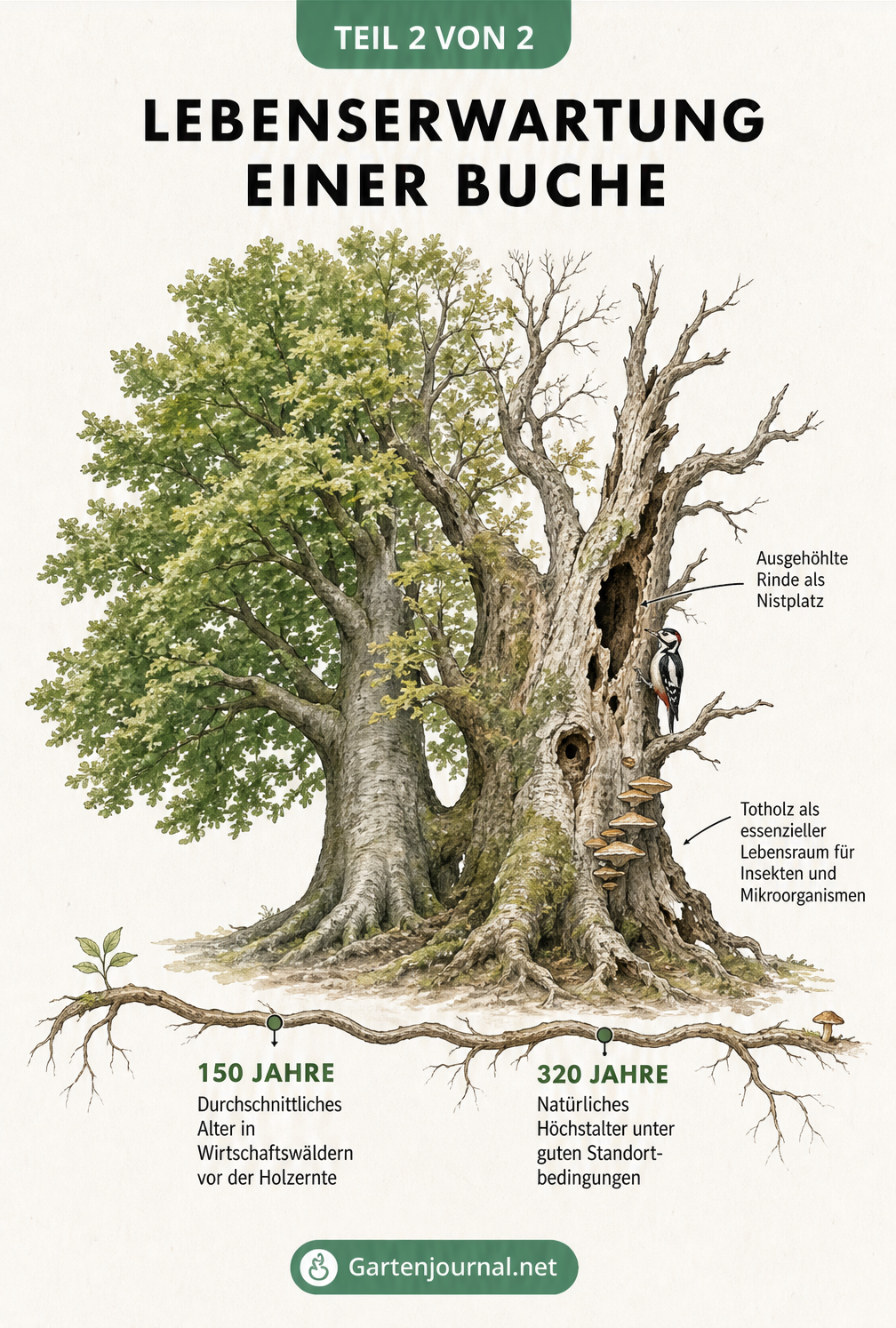 Illustration einer Buche im Wandel der Zeit, von einem vitalen Baum mit 150 Jahren zu einem alten Habitatbaum mit Totholz bei 320 Jahren