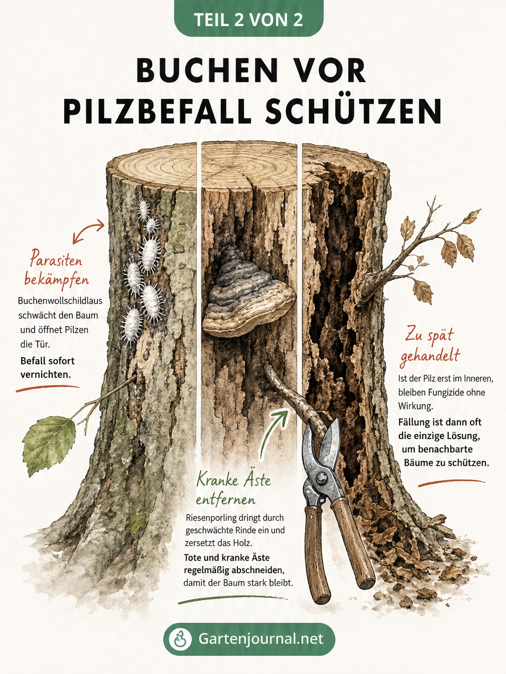 Schnittzeichnung eines Buchenstamms, die den Verlauf einer Pilzinfektion und Schutzmaßnahmen zeigt