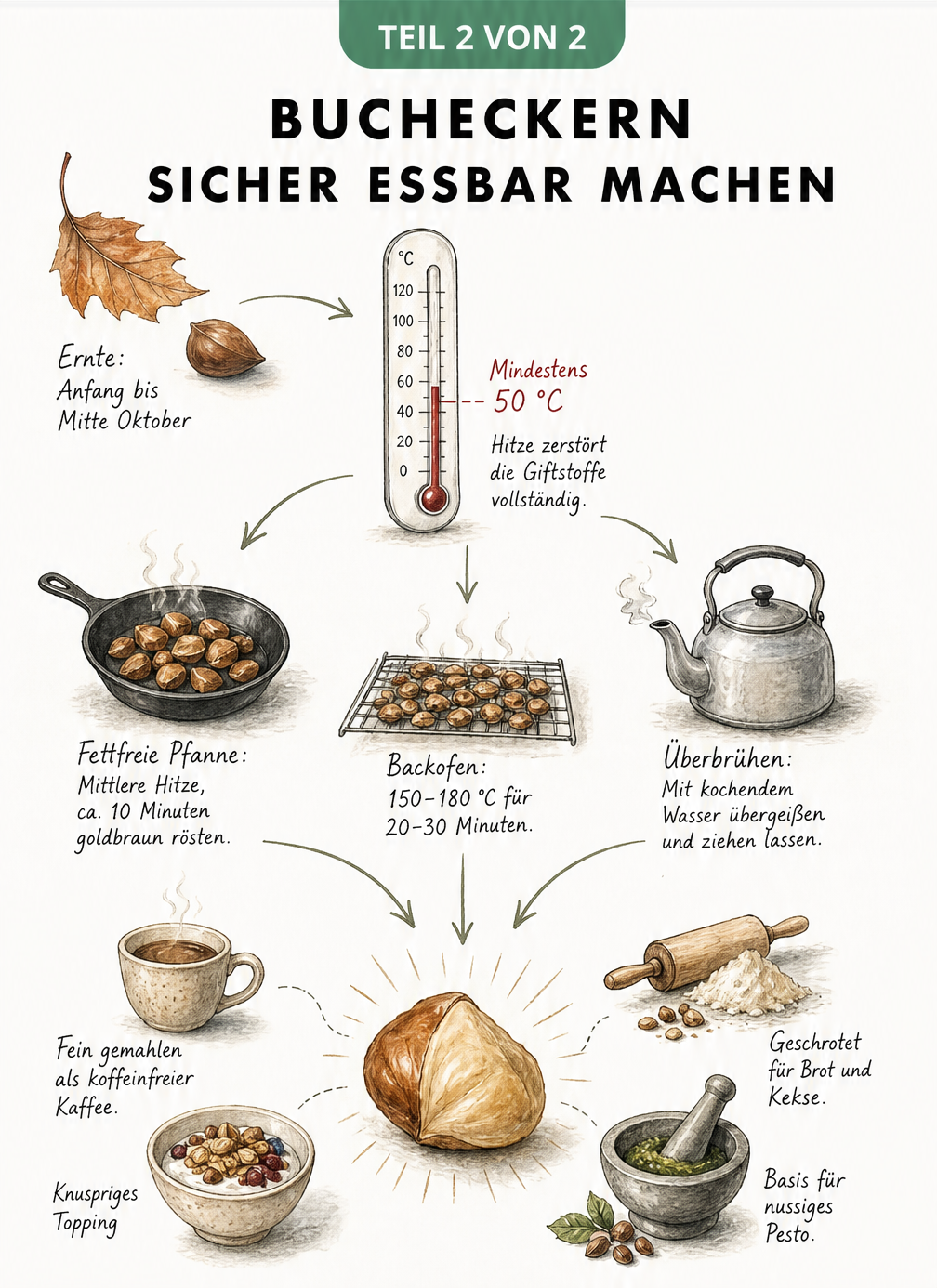 Illustration der Zubereitungswege für Bucheckern: Rösten in der Pfanne, im Backofen oder Überbrühen mit kochendem Wasser, um Giftstoffe abzubauen.