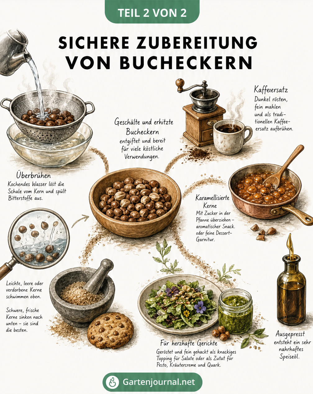 Isometrische Illustration einer Küchenarbeitsplatte, die die Zubereitung von Bucheckern zu Kaffee, Mehl, Karamell und Pesto zeigt