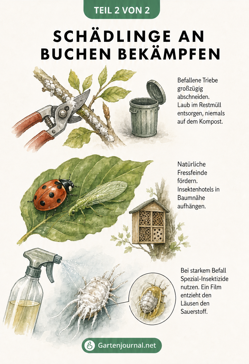 Illustration zur Bekämpfung von Buchenschädlingen: Befallene Triebe abschneiden, Nützlinge fördern und Spezial-Insektizide anwenden