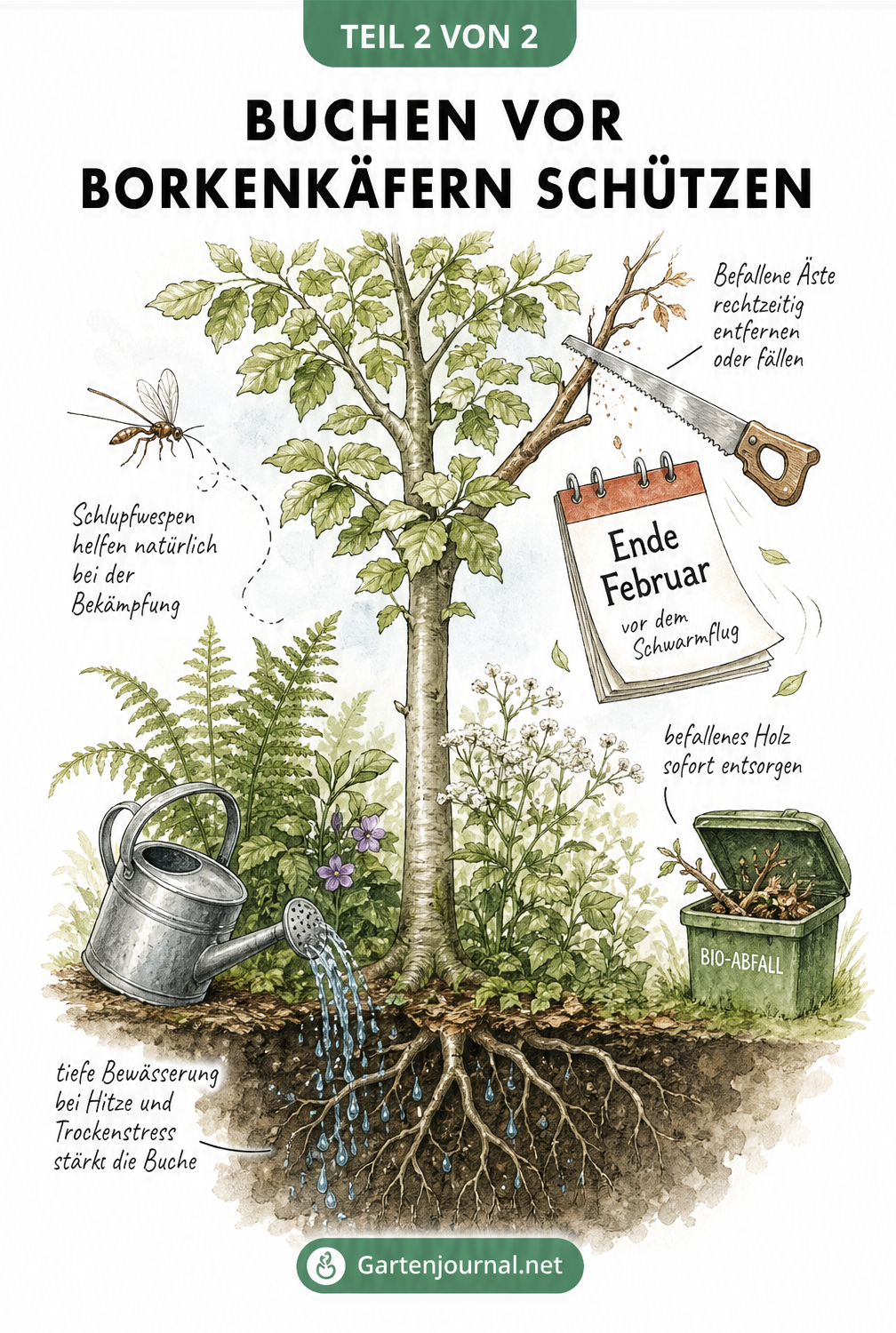 Illustration einer jungen Buche mit Gießkanne zur Bewässerung, Schlupfwespe als Nützling und einer Handsäge zum Entfernen befallener Äste
