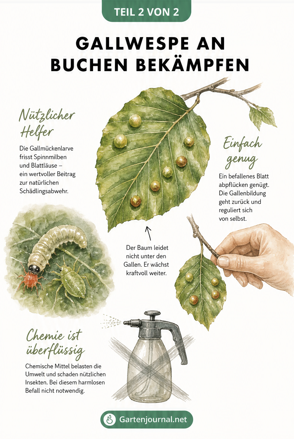 Illustration eines Buchenblattes mit Gallen, die zeigt, dass der Baum gesund bleibt und räuberische Gallmückenlarven Schädlinge fressen.