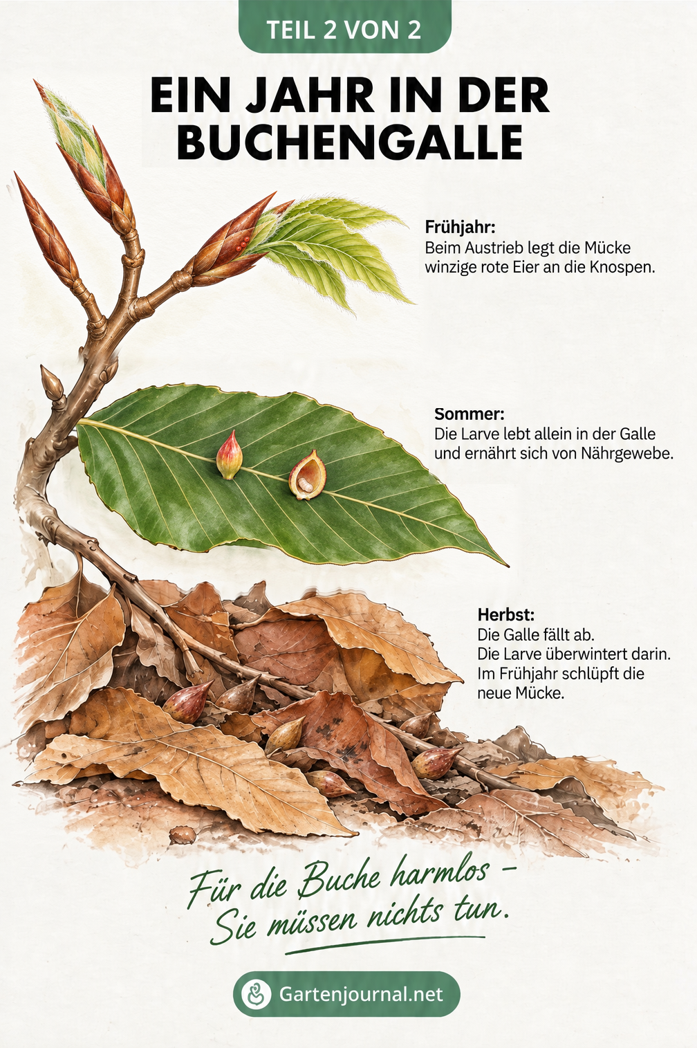 Illustration: Entwicklung der Buchengallmücke von der Eiablage beim Austrieb über die Larve in der Galle bis zur abgefallenen Galle im Herbstlaub