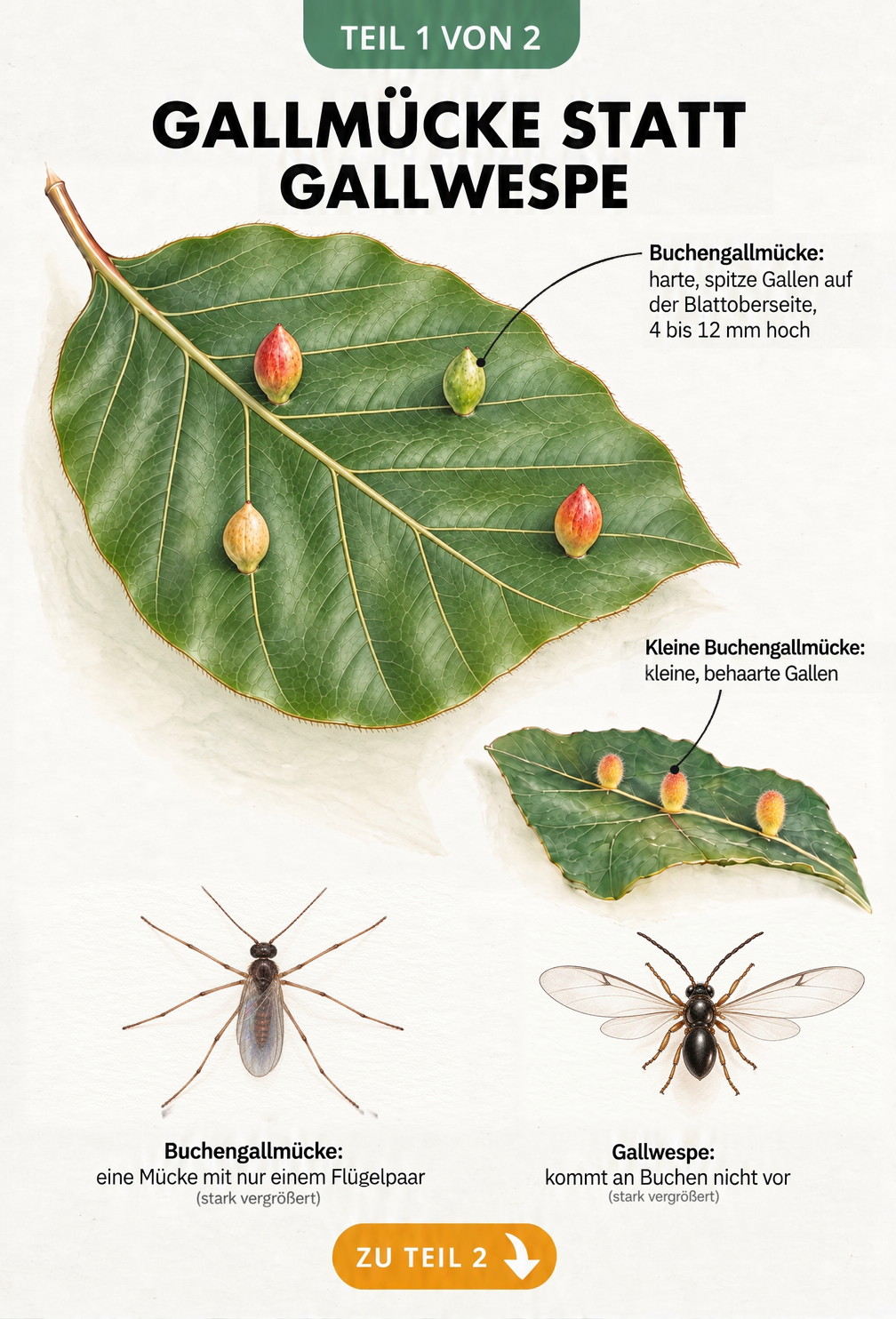 Illustration: Buchenblatt mit spitzen Gallen der Buchengallmücke und behaarten Gallen der Kleinen Buchengallmücke, darunter Gallmücke und Gallwespe im Vergleich