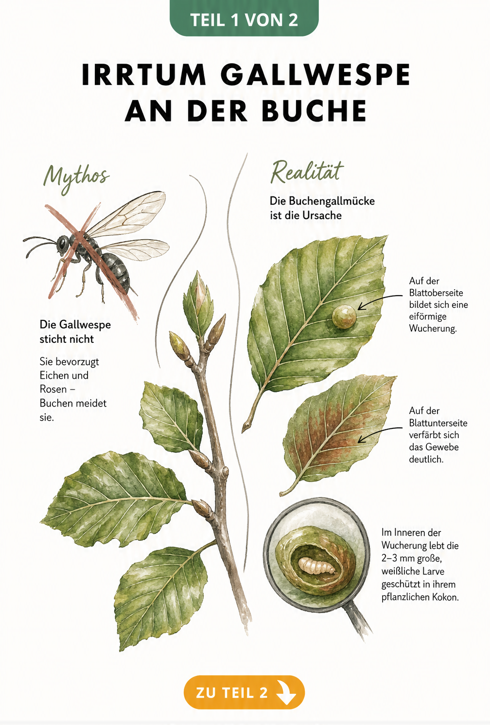 Botanische Illustration eines Buchenzweigs, die den Irrtum der Gallwespe aufklärt und die Buchengallmücke als wahre Ursache für Wucherungen zeigt.