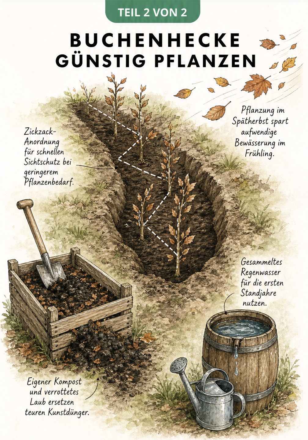 Isometrische Gartenszene mit Buchensetzlingen in Zickzack-Anordnung, Komposthaufen und Regenfass zur Veranschaulichung günstiger Pflanzmethoden.