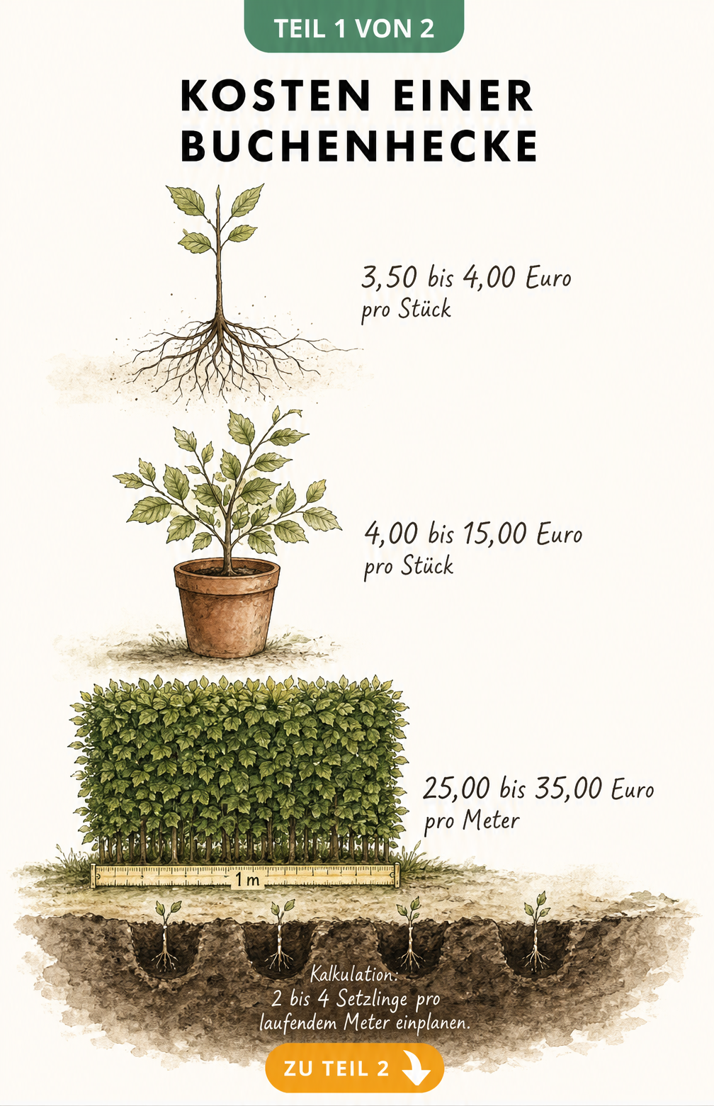 Botanische Illustration von Buchenpflanzen in drei Entwicklungsstadien mit Preisangaben: wurzelnackt, im Topf und als Fertighecke.