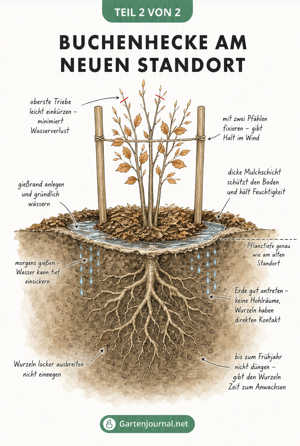 Querschnitt einer frisch gepflanzten Buchenhecke mit Mulchschicht, Gießrand und Stützpfählen