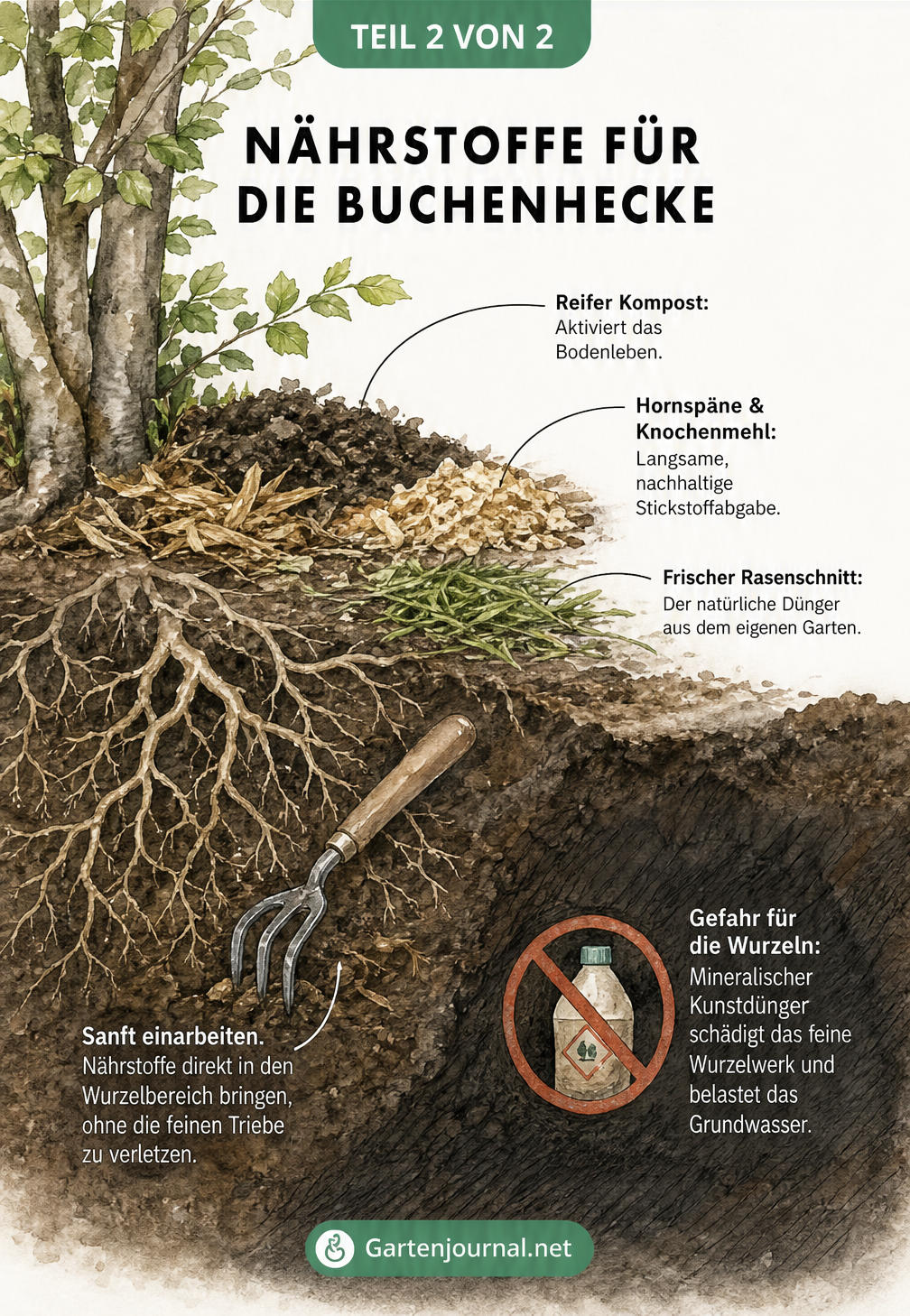 Querschnitt-Illustration einer Buchenhecke mit Wurzelwerk und organischen Düngern wie Kompost und Hornspänen
