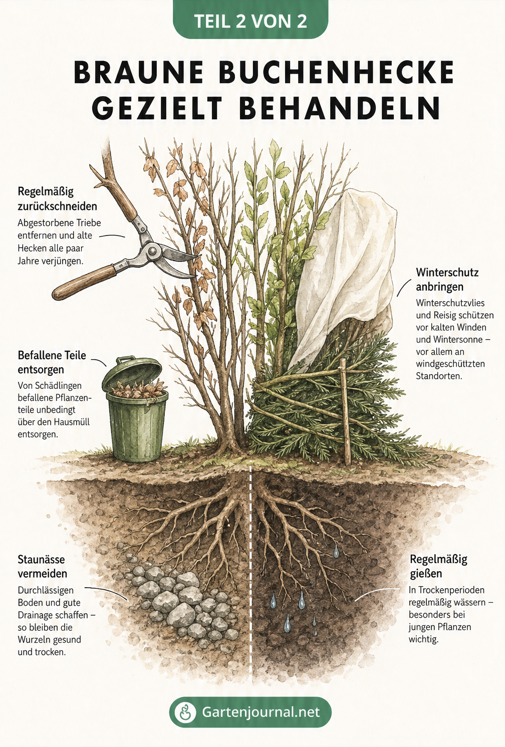 Querschnitt-Zeichnung einer Buchenhecke mit Wurzelwerk, die Pflegemaßnahmen wie Drainage, Gießen, Rückschnitt und Winterschutz zeigt.
