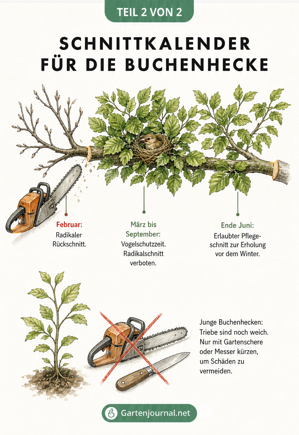 Schnittkalender für die Buchenhecke, der die Jahreszeiten und die entsprechenden Schnittmaßnahmen zeigt
