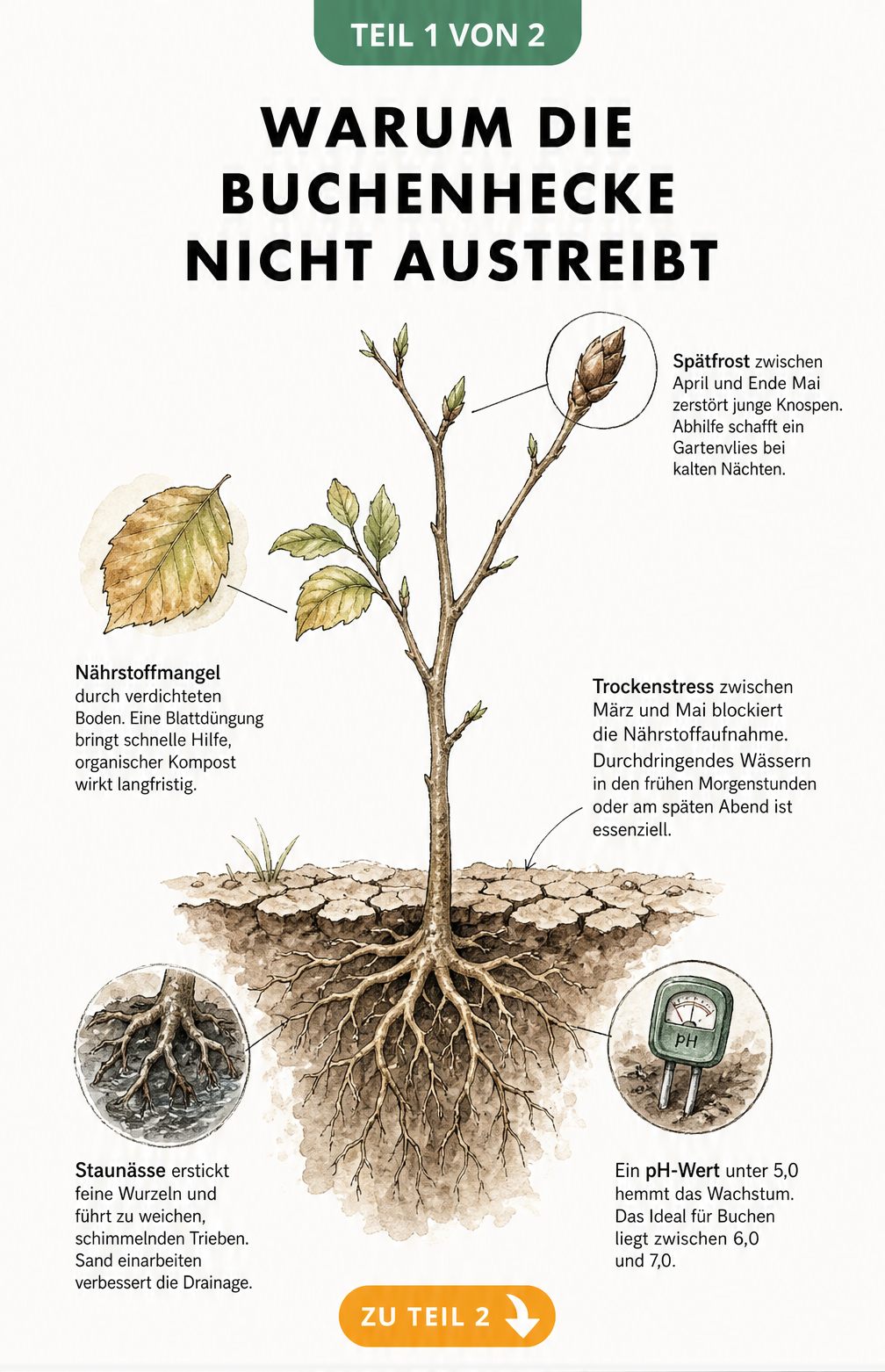 Botanische Illustration einer Buchenpflanze mit Ursachen für fehlenden Austrieb wie Spätfrost, Nährstoffmangel, Trockenstress und Staunässe