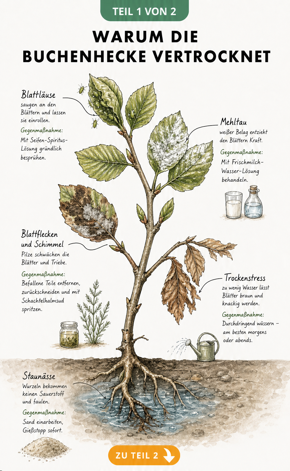 Botanische Illustration eines Buchenzweigs mit Schadbildern wie Blattläusen, Mehltau und Trockenheit sowie den passenden Gegenmaßnahmen.