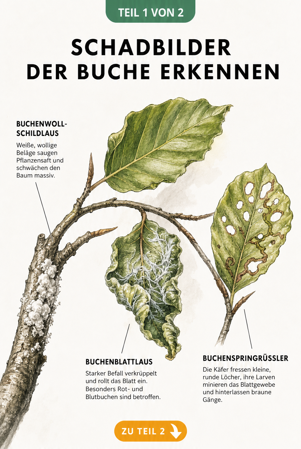 Illustration eines Buchenastes mit Schadbildern von Buchenwollschildlaus, Buchenblattlaus und Buchenspringrüssler