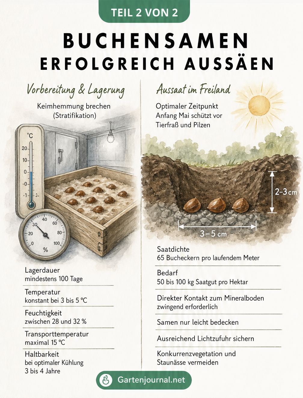 Skizze zur Stratifikation und Aussaat von Buchensamen mit Angaben zu Temperatur, Feuchtigkeit und Saatdichte