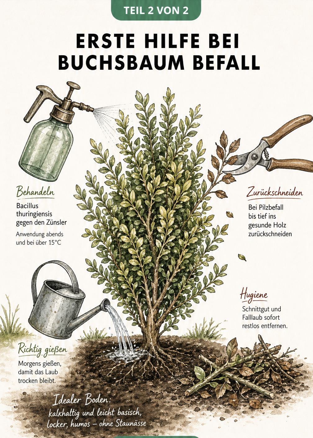 Illustration eines Buchsbaums mit Pflegemaßnahmen wie Gießen, Sprühen und Rückschnitt