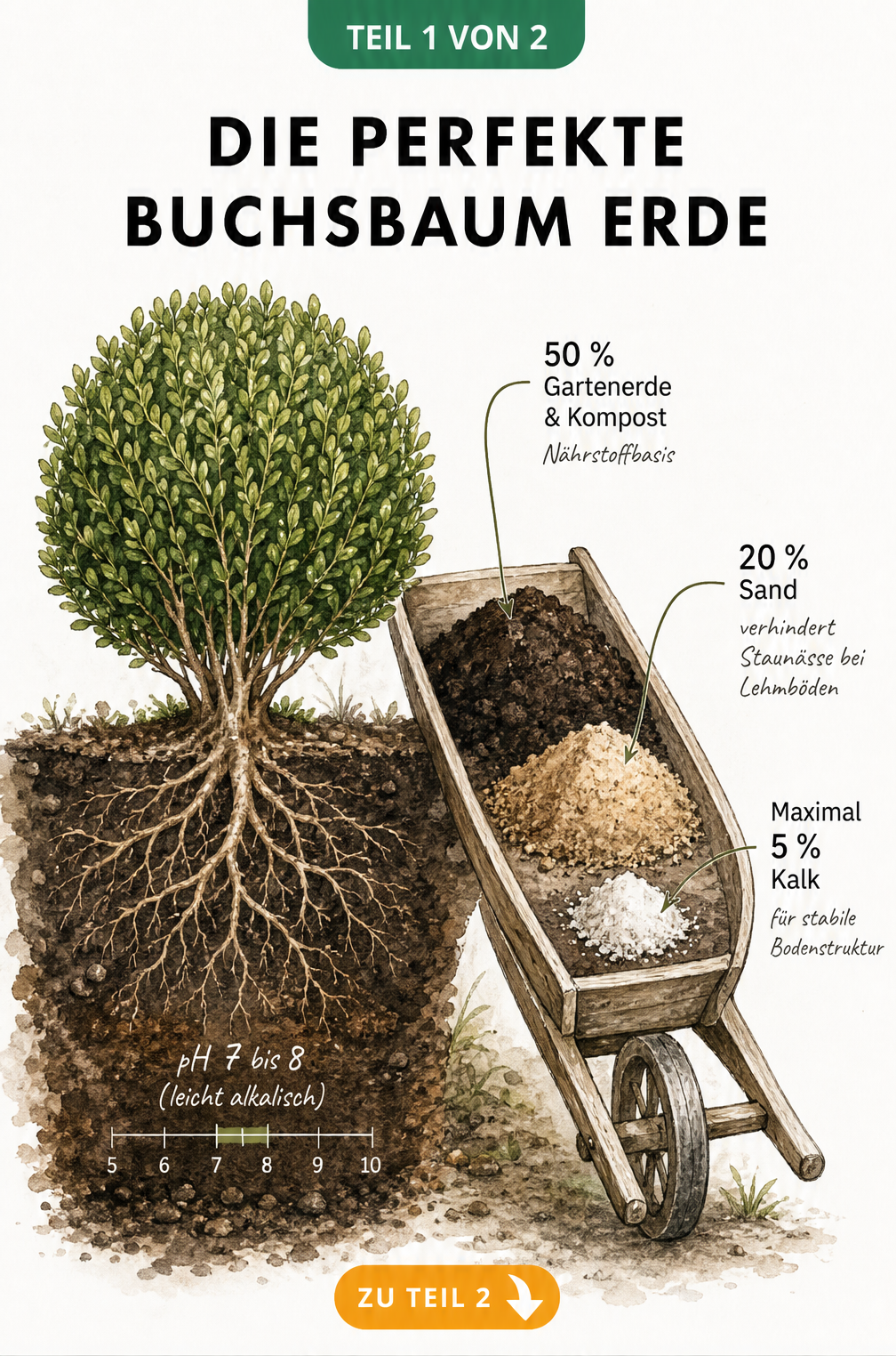 Botanische Illustration eines Buchsbaums mit Erdschnitt und Schubkarre, die das ideale Boden-Rezept aus Gartenerde, Kompost, Sand und Kalk zeigt.