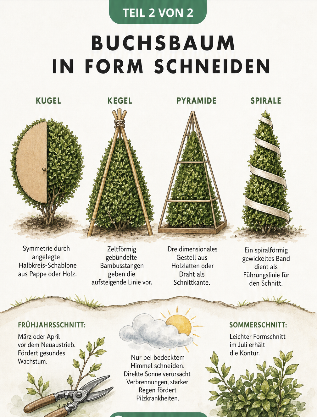 Übersicht verschiedener Buchsbaum-Formen wie Kugel, Kegel, Pyramide und Spirale mit den passenden Schnitt-Hilfsmitteln