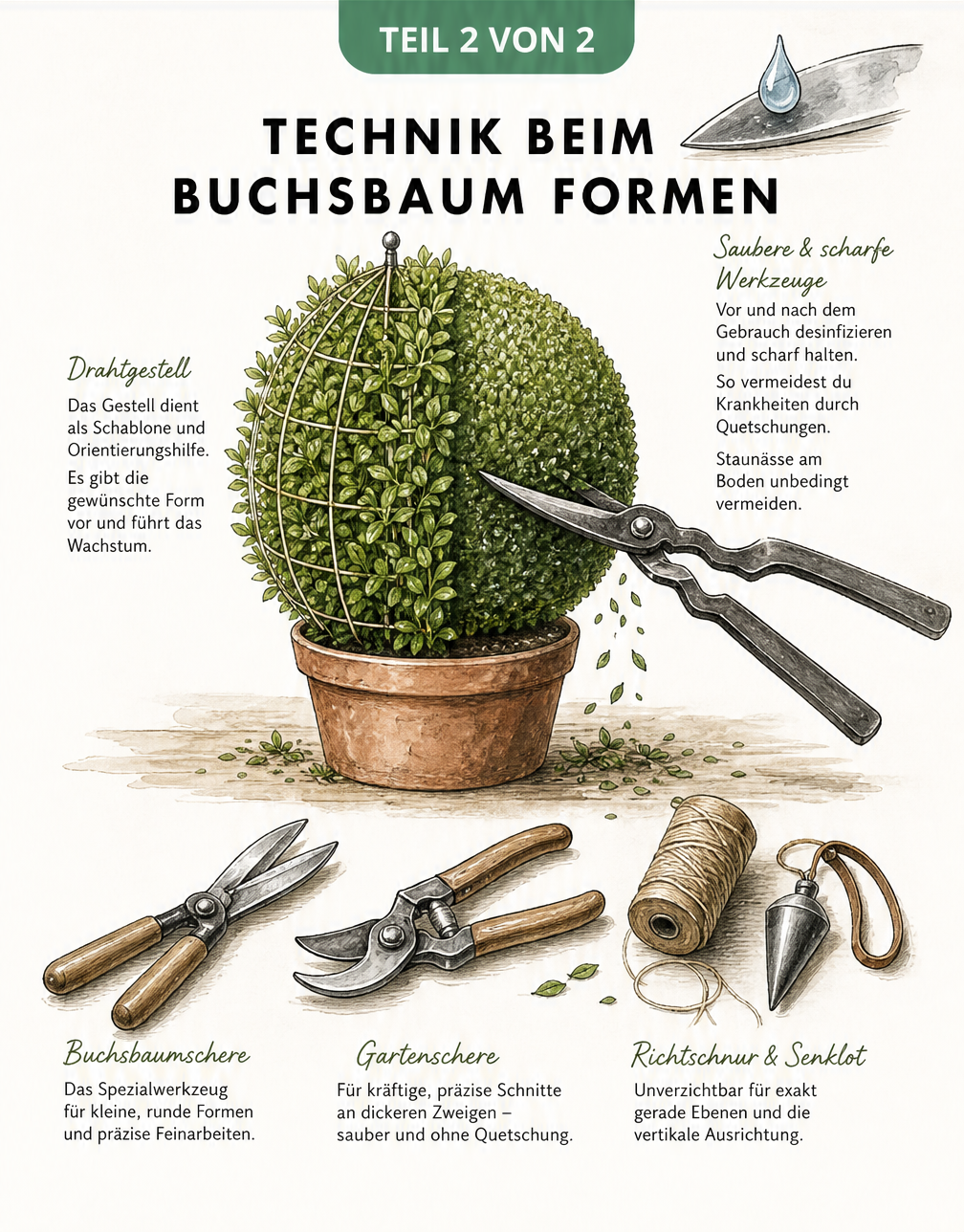 Illustration eines Buchsbaums, der mit einer Drahtschablone und einer Schafschere von einem Kegel in eine Kugel geschnitten wird, sowie Gartenschere,...