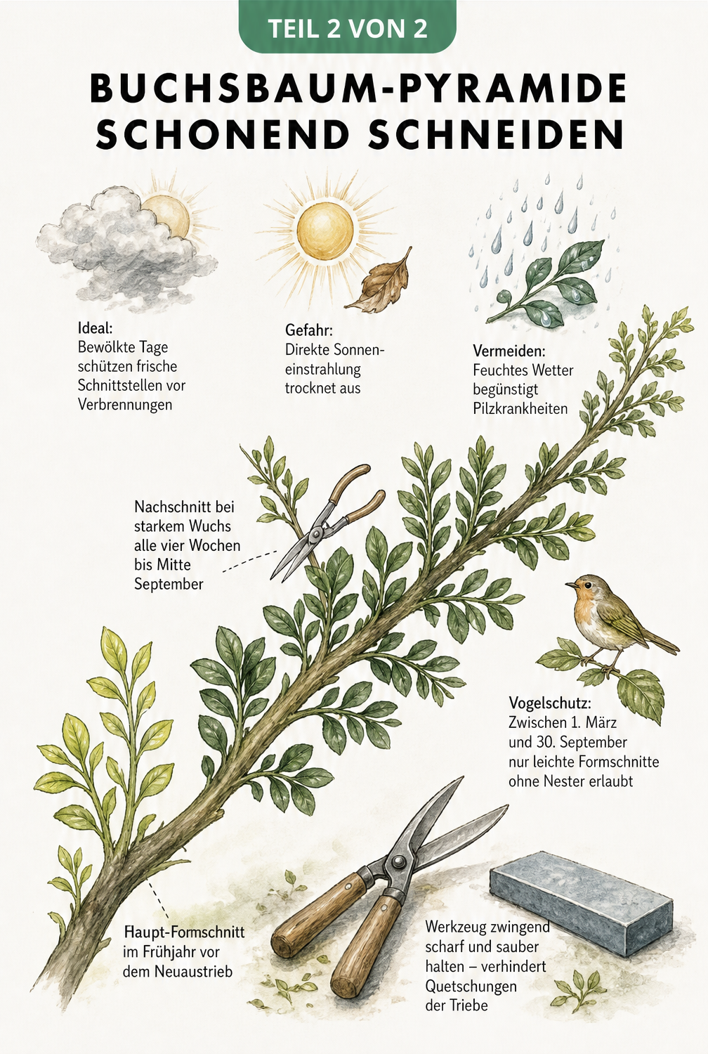 Illustration eines Buchsbaumzweigs mit Hinweisen zum idealen Zeitpunkt und Wetter für den Formschnitt.