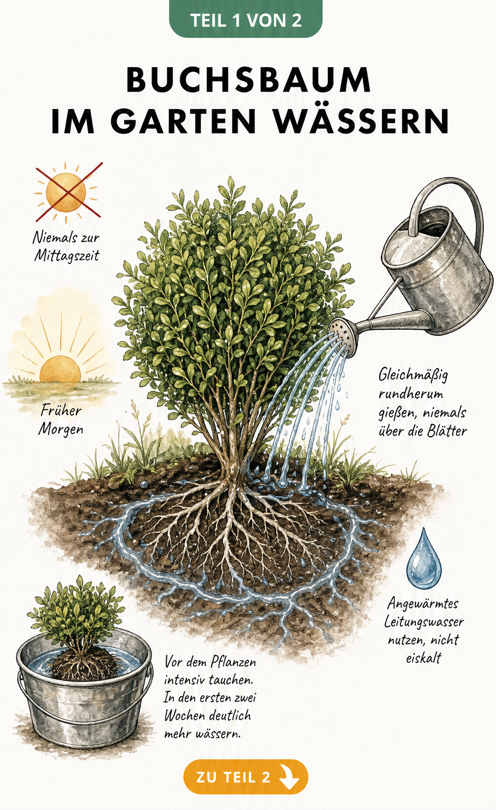 Illustration eines Buchsbaums im Gartenbeet mit Gießkanne und Hinweisen zum richtigen Wässern am Morgen