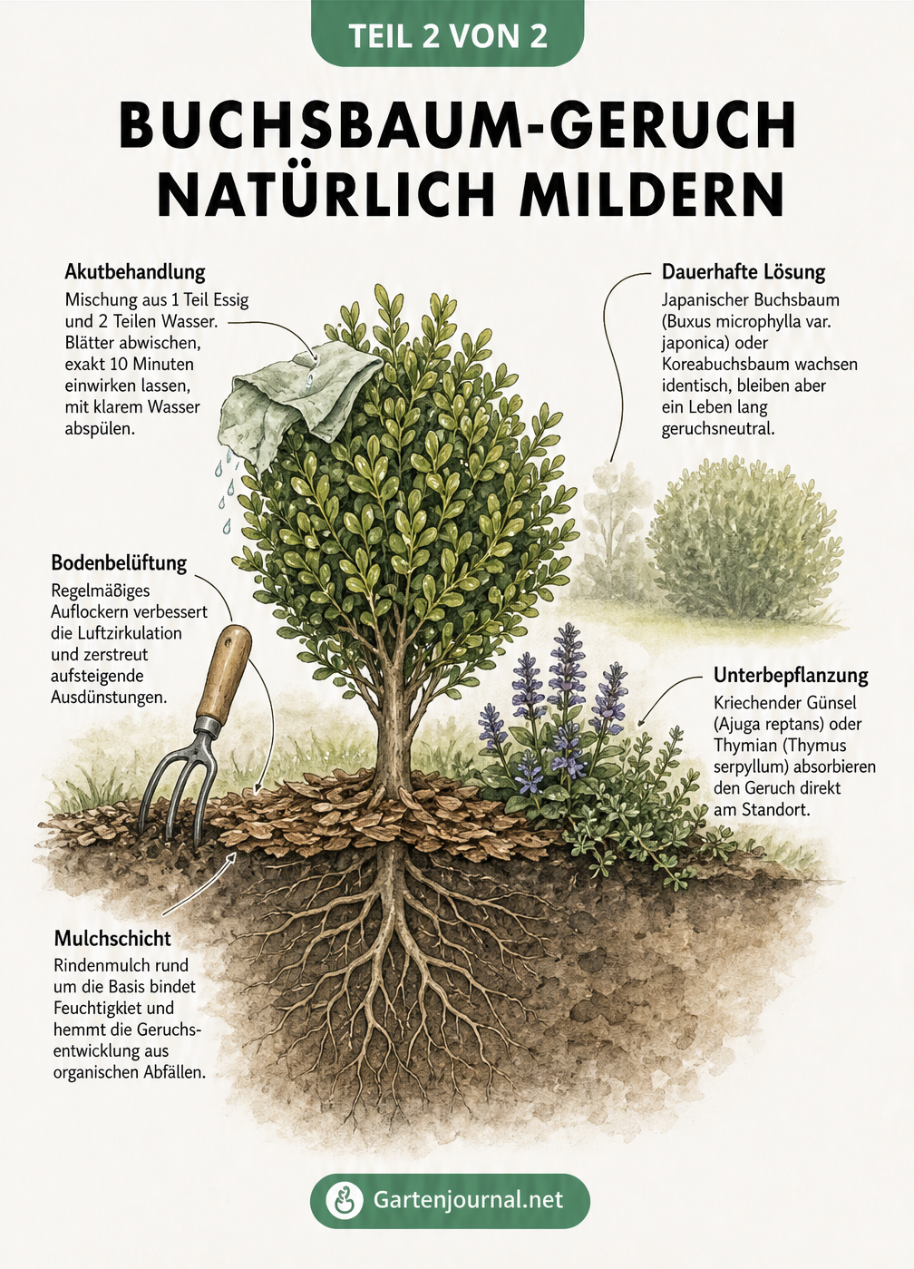 Querschnitt eines Gartenbeets mit Buchsbaum und Maßnahmen zur Geruchsminderung wie Bodenbelüftung und Unterbepflanzung