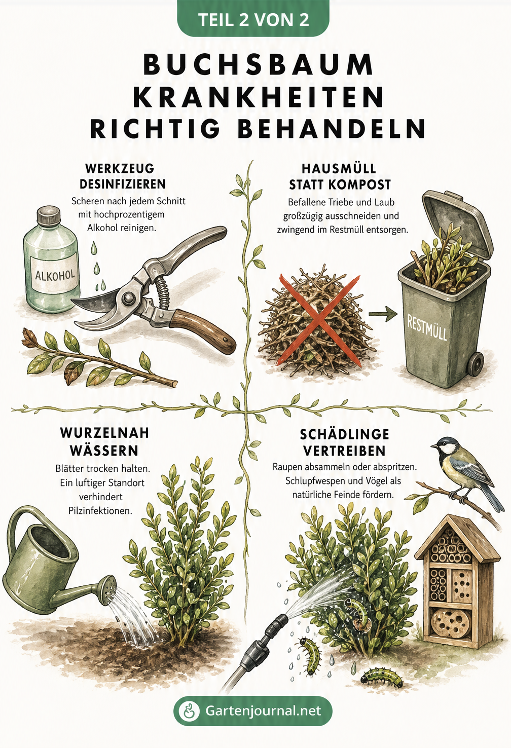 Illustration zur Behandlung von Buchsbaumkrankheiten: Werkzeug desinfizieren, kranke Triebe im Hausmüll entsorgen, wurzelnah wässern und Schädlinge vertreiben.