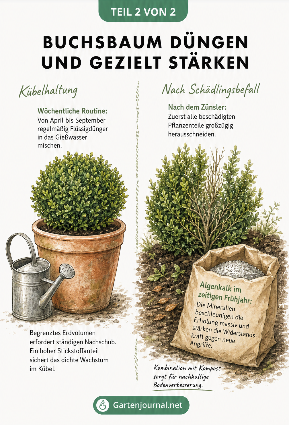 Illustration zur Düngung von Buchsbäumen im Kübel und zur Pflege nach einem Zünslerbefall