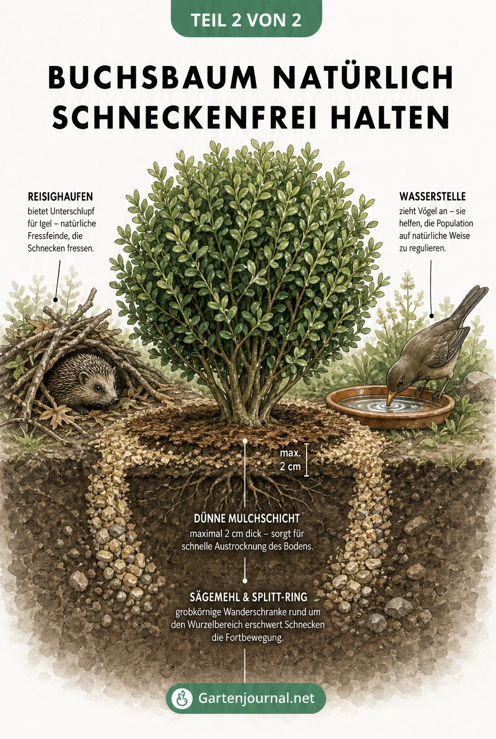 Querschnitt eines Buchsbaums im Garten mit flacher Mulchschicht, Splitt-Barriere und natürlichen Fressfeinden wie Igel und Vogel