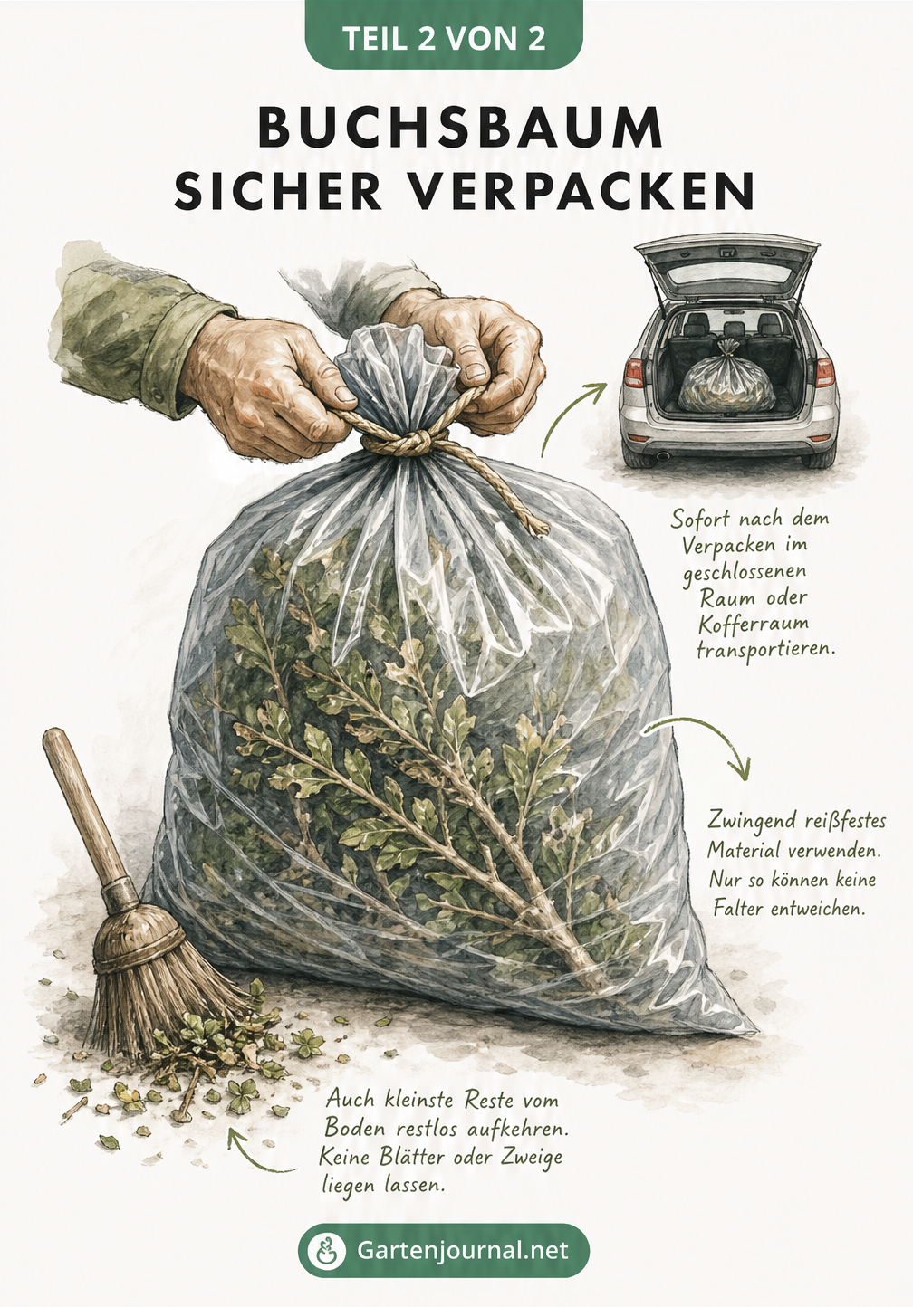 Illustration zum sicheren Verpacken von Buchsbaumzweigen in einem reißfesten Müllsack, inklusive Aufsammeln kleiner Reste.