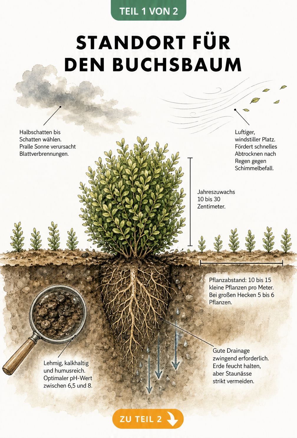 Botanische Illustration des Buchsbaums mit Hinweisen zu Standort, Bodenbeschaffenheit und Pflanzabstand