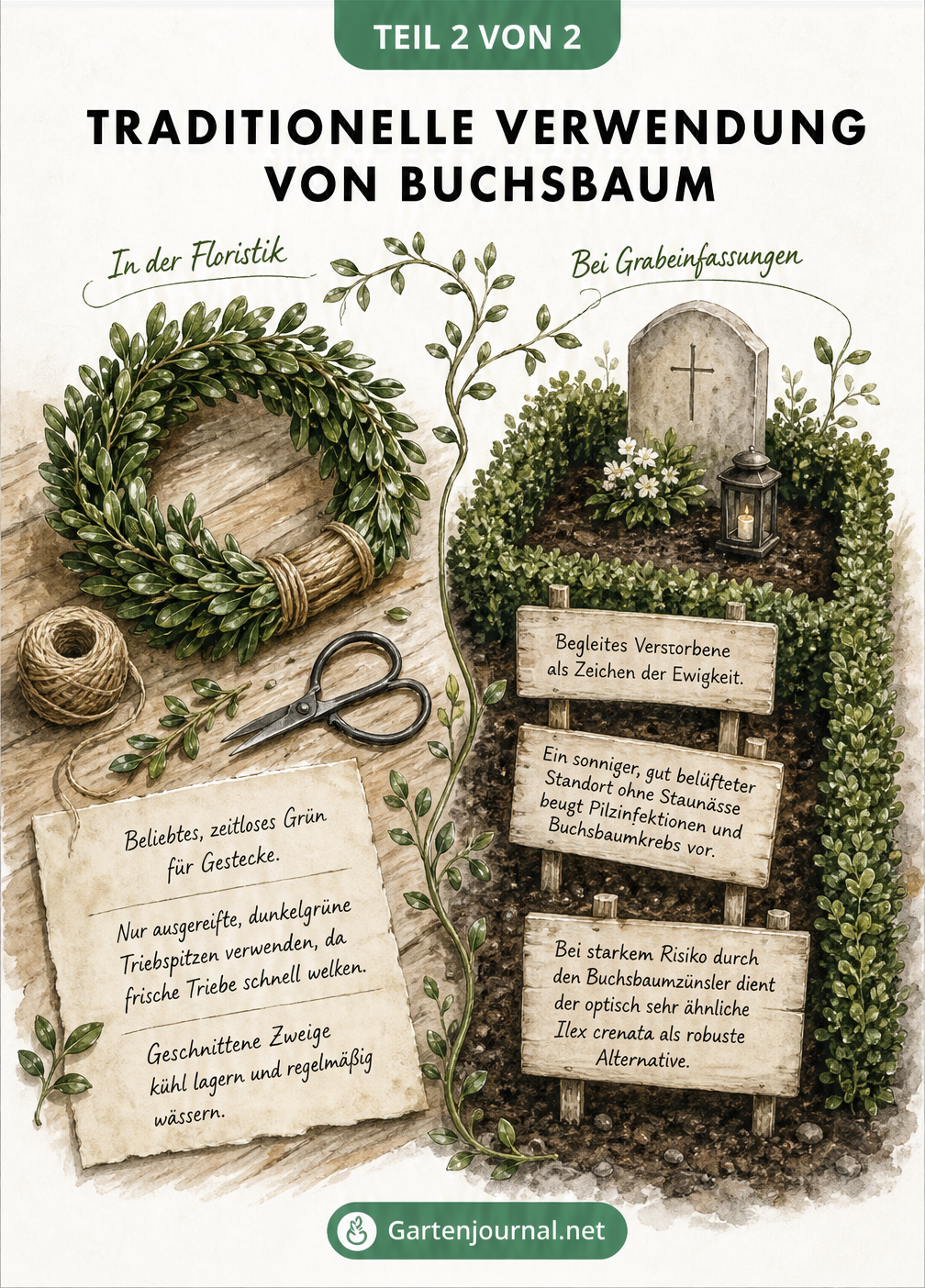 Illustration eines Buchsbaumkranzes und einer Grabeinfassung mit Tipps zu Floristik und Pflege