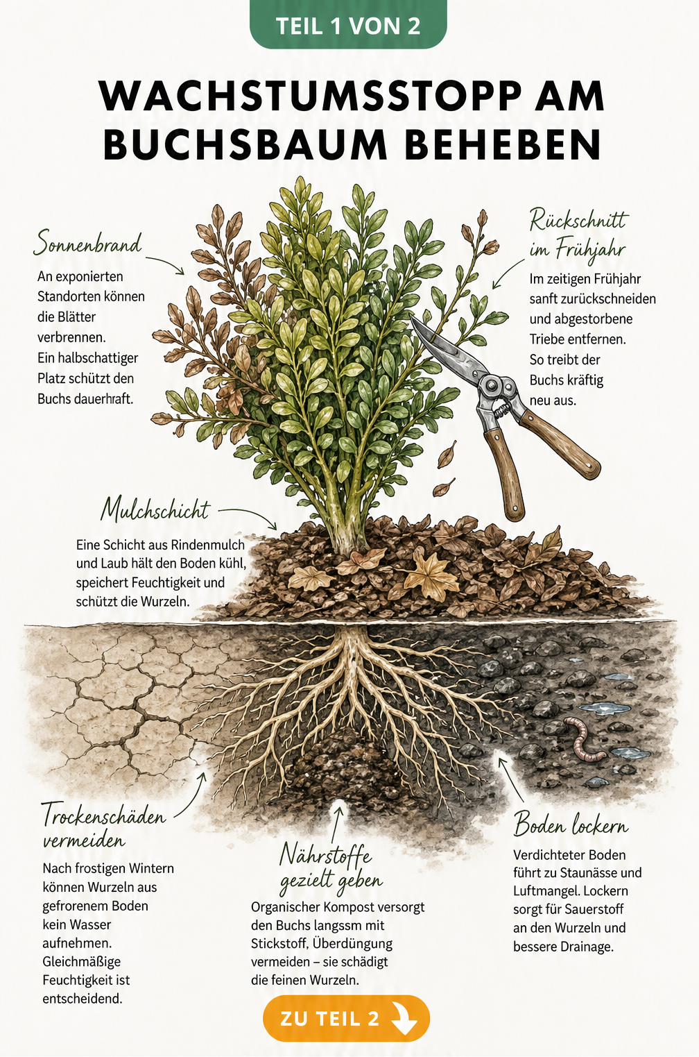 Botanische Querschnitt-Illustration eines Buchsbaums mit oberirdischer Blattkrone und unterirdischem Wurzelbereich, die Ursachen für Wachstumsstopp wie...