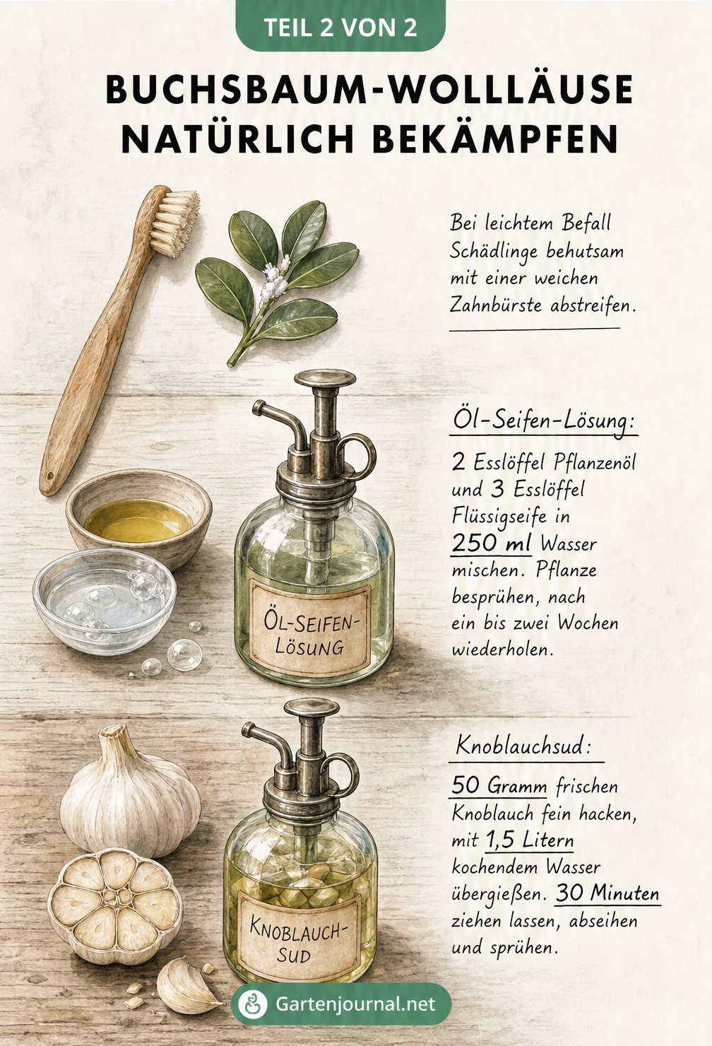 Illustration eines Pflanztisches mit zwei Apotheker-Sprühflaschen, einer Zahnbürste, Öl, Seife und Knoblauch, die drei natürliche Methoden zur Bekämpfung von...