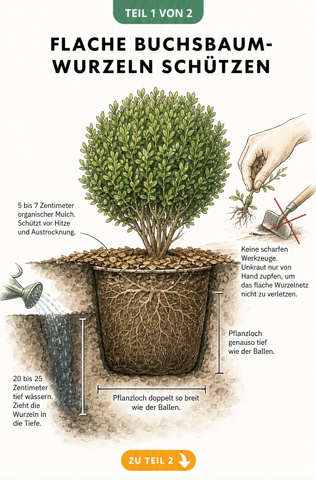 Botanische Querschnitt-Ansicht eines Buchsbaums im Erdreich mit flachem Wurzelsystem, Mulchschicht und Gießhinweisen
