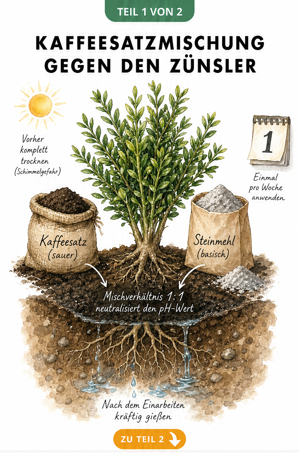 Illustration eines Buchsbaums mit Wurzelballen, Kaffeesatz und Steinmehl zur Neutralisierung des pH-Werts