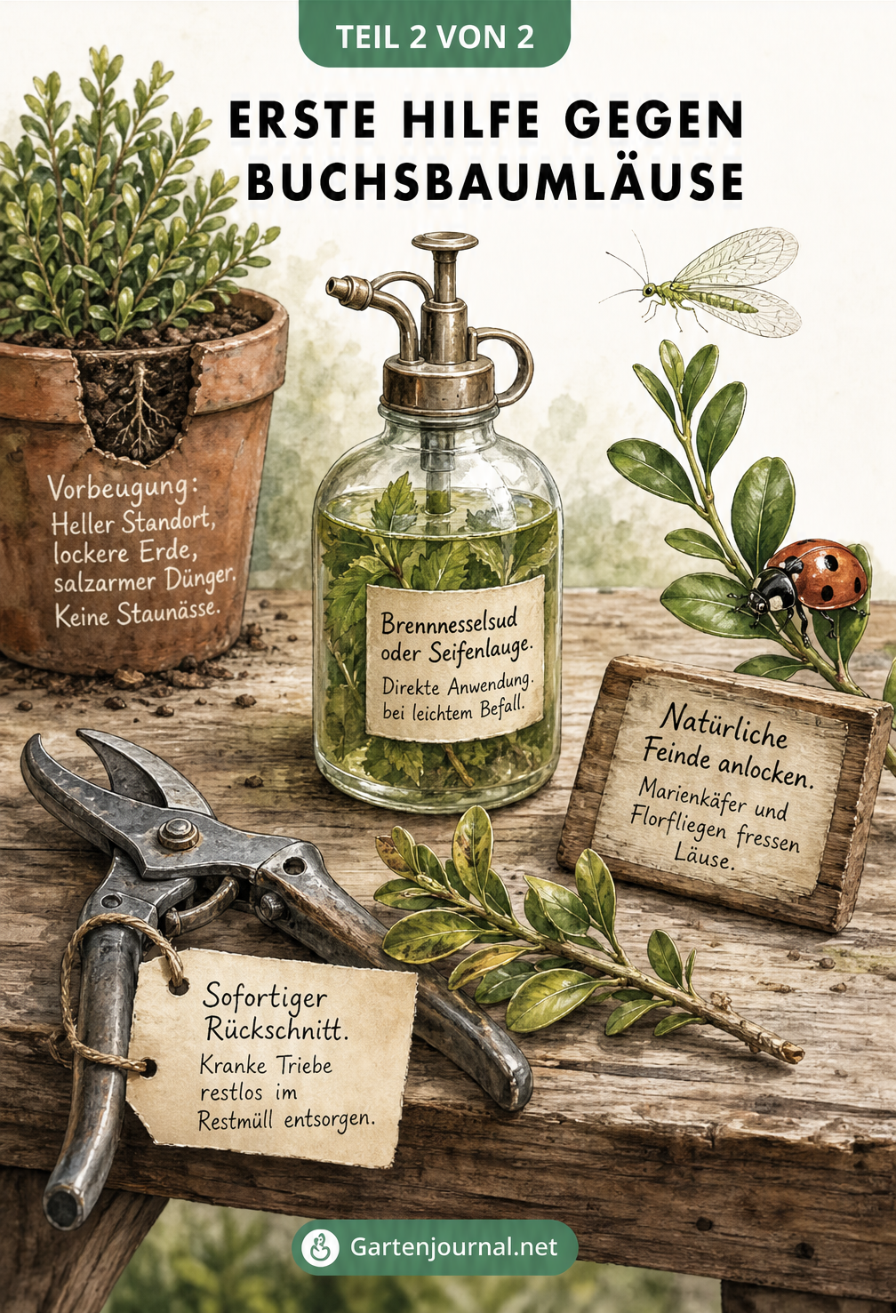 Illustration von Maßnahmen gegen Buchsbaumläuse: Gartenschere für Rückschnitt, Sprühflasche mit Brennnesselsud, Marienkäfer als Nützling und ein gesunder...
