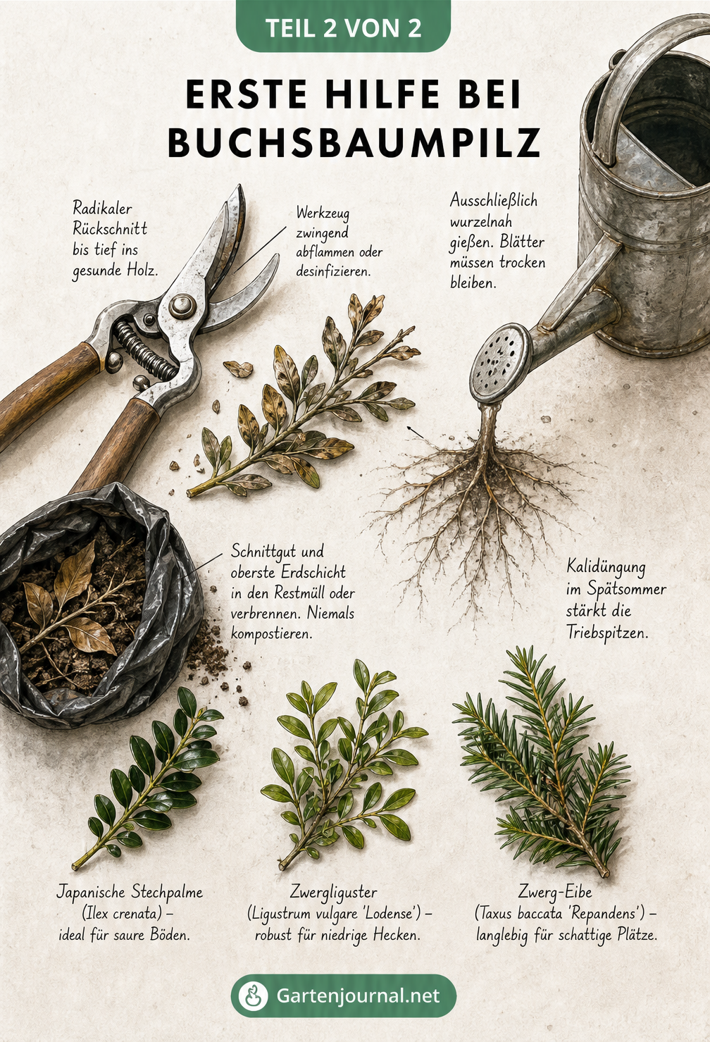 Flatlay-Illustration mit Gartenschere, krankem Buchsbaumzweig, Mülltüte, Gießkanne und gesunden Alternativpflanzen zur Bekämpfung des Buchsbaumpilzes