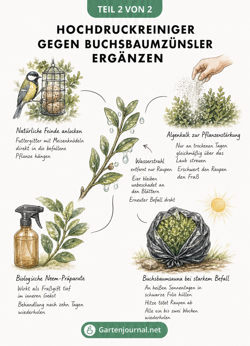 Illustration von ergänzenden Maßnahmen gegen den Buchsbaumzünsler wie Algenkalk, Neem-Präparate, natürliche Feinde und die Buchsbaumsauna.