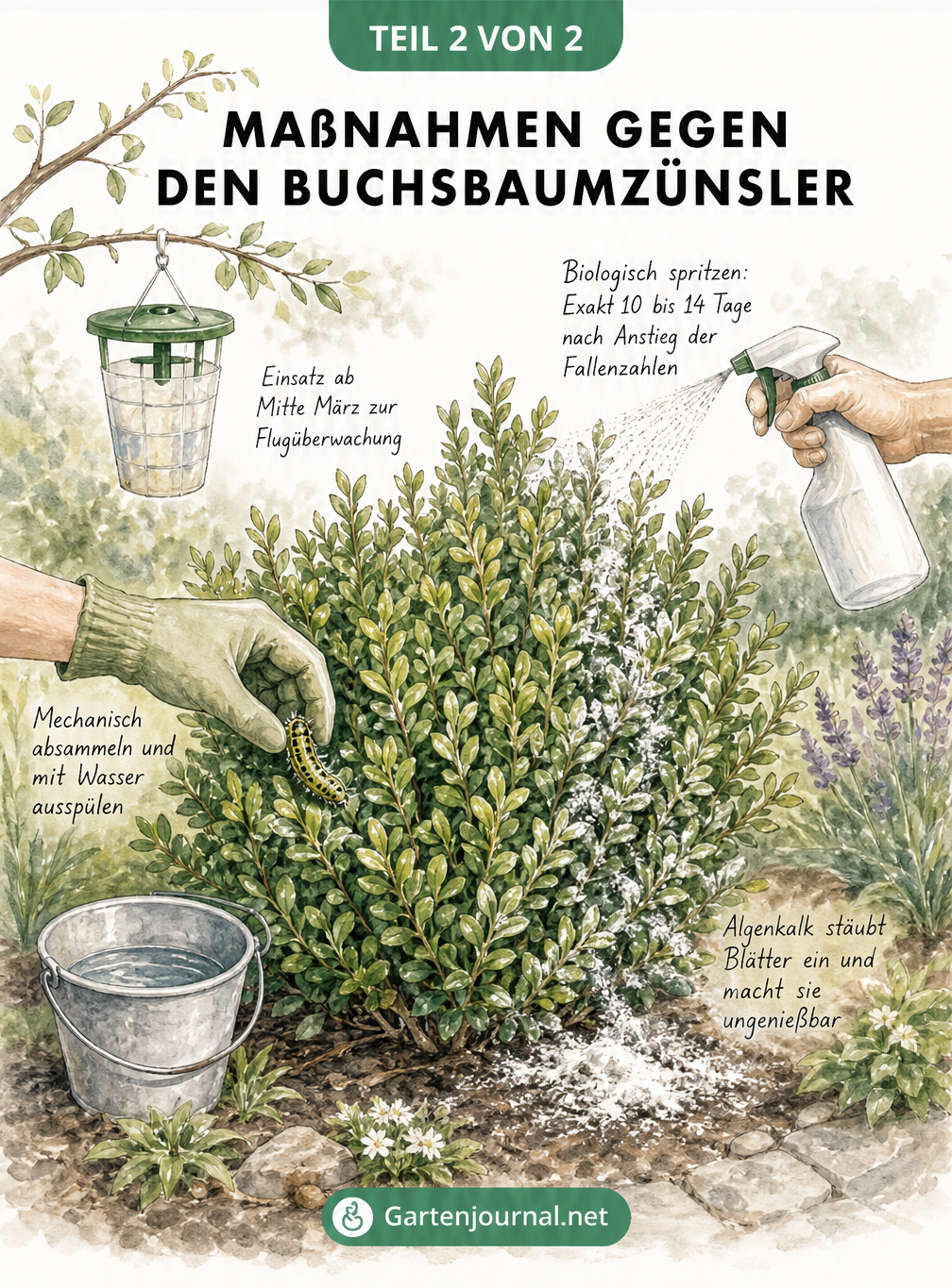 Illustration verschiedener Maßnahmen gegen den Buchsbaumzünsler wie Zünslerfalle, biologisches Spritzen, Absammeln und Algenkalk