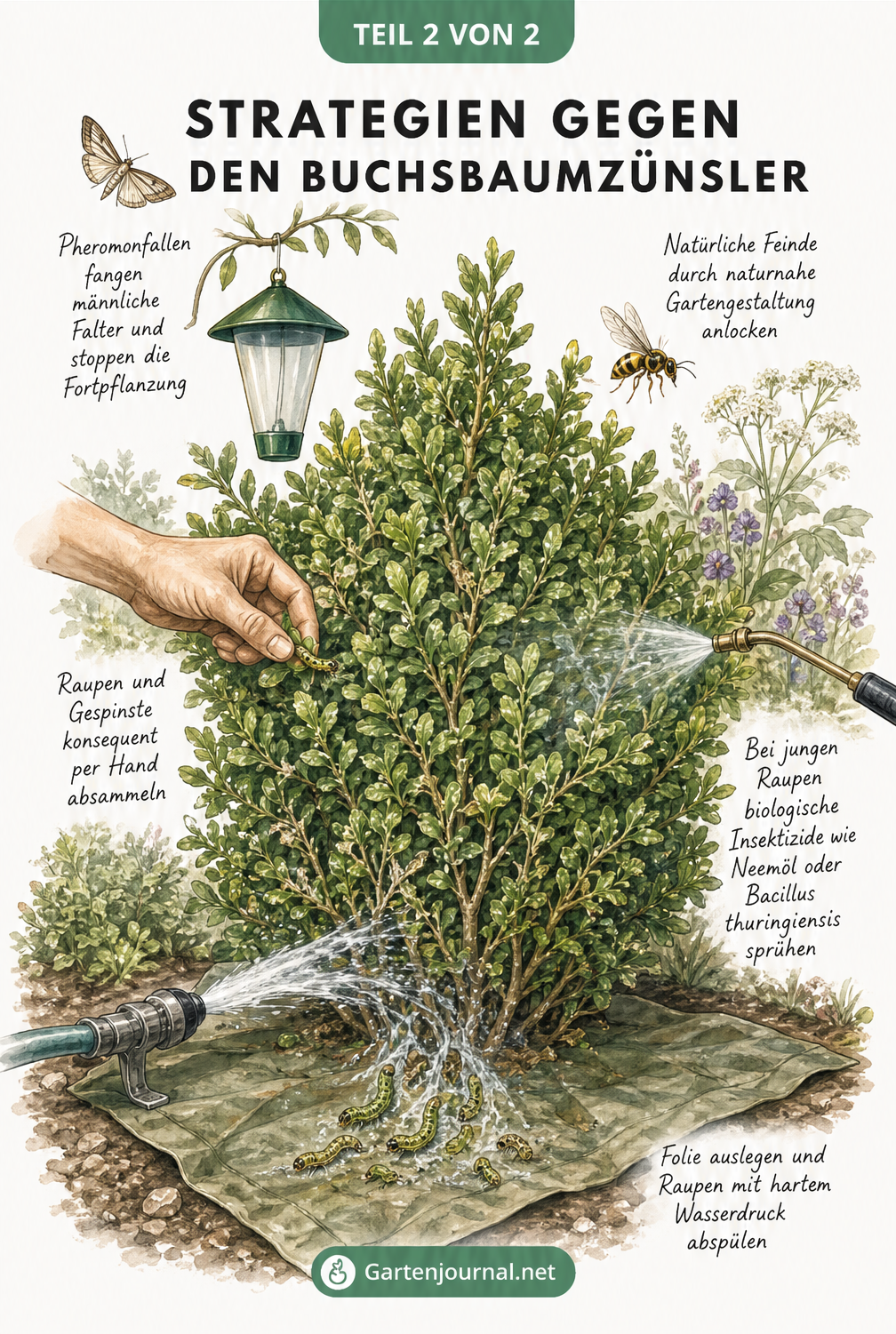 Illustration eines Buchsbaums mit verschiedenen Methoden zur Bekämpfung des Buchsbaumzünslers wie Absammeln, Abspülen und Pheromonfallen.