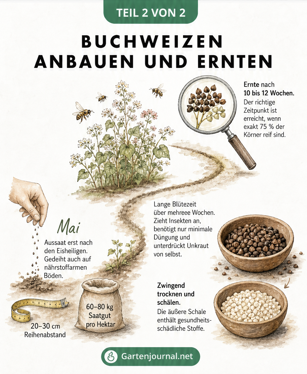 Illustrierter Zeitstrahl zum Anbau von Buchweizen: Von der Aussaat im Mai über die Blütezeit bis zur Ernte und Verarbeitung der Körner.