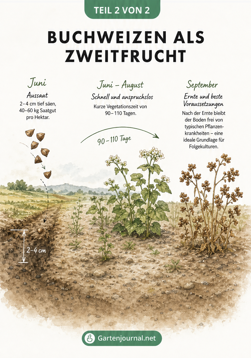 Zeitleiste des Buchweizenanbaus von der Aussaat im Juni bis zur Ernte im September