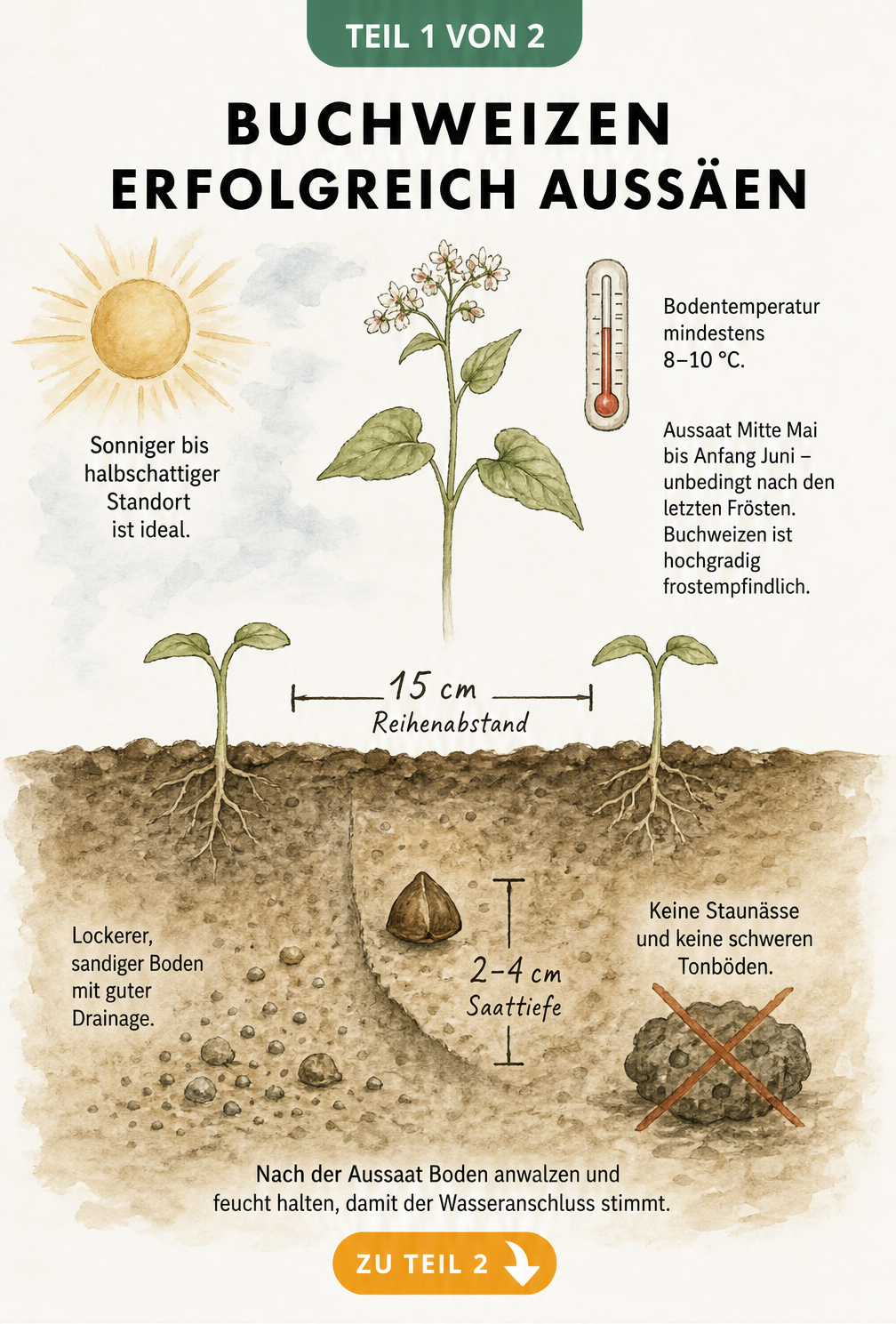 Botanische Querschnitt-Darstellung einer jungen Buchweizenpflanze mit Angaben zu Standort, Bodentemperatur, Reihenabstand und Saattiefe