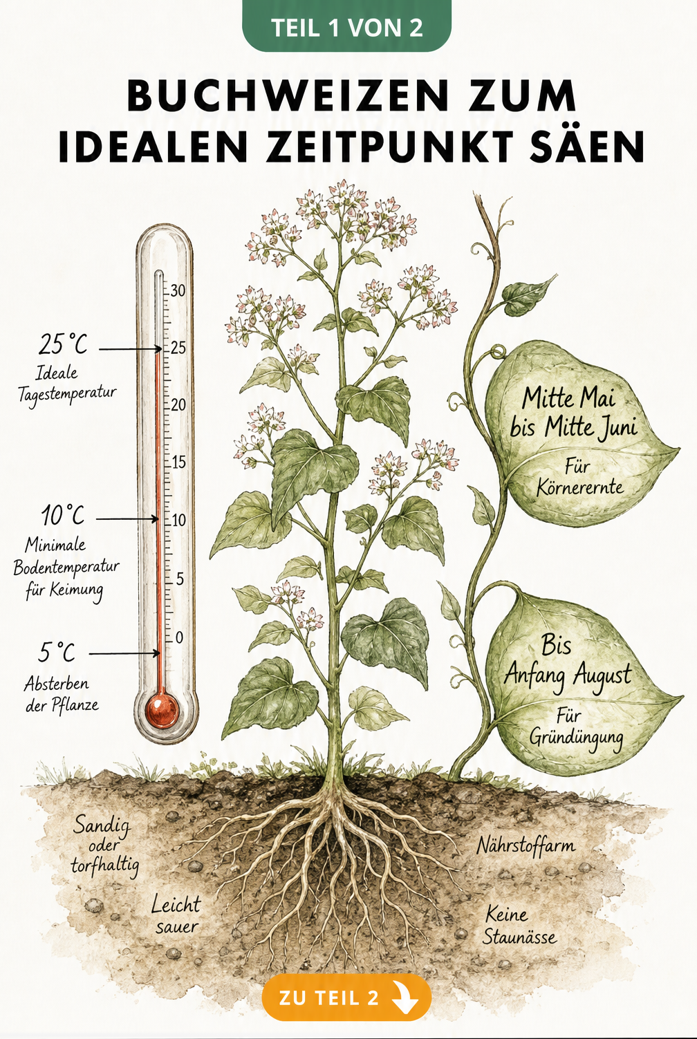 Botanische Illustration einer Buchweizenpflanze mit Thermometer und Zeitstrahl für Aussaatzeiten