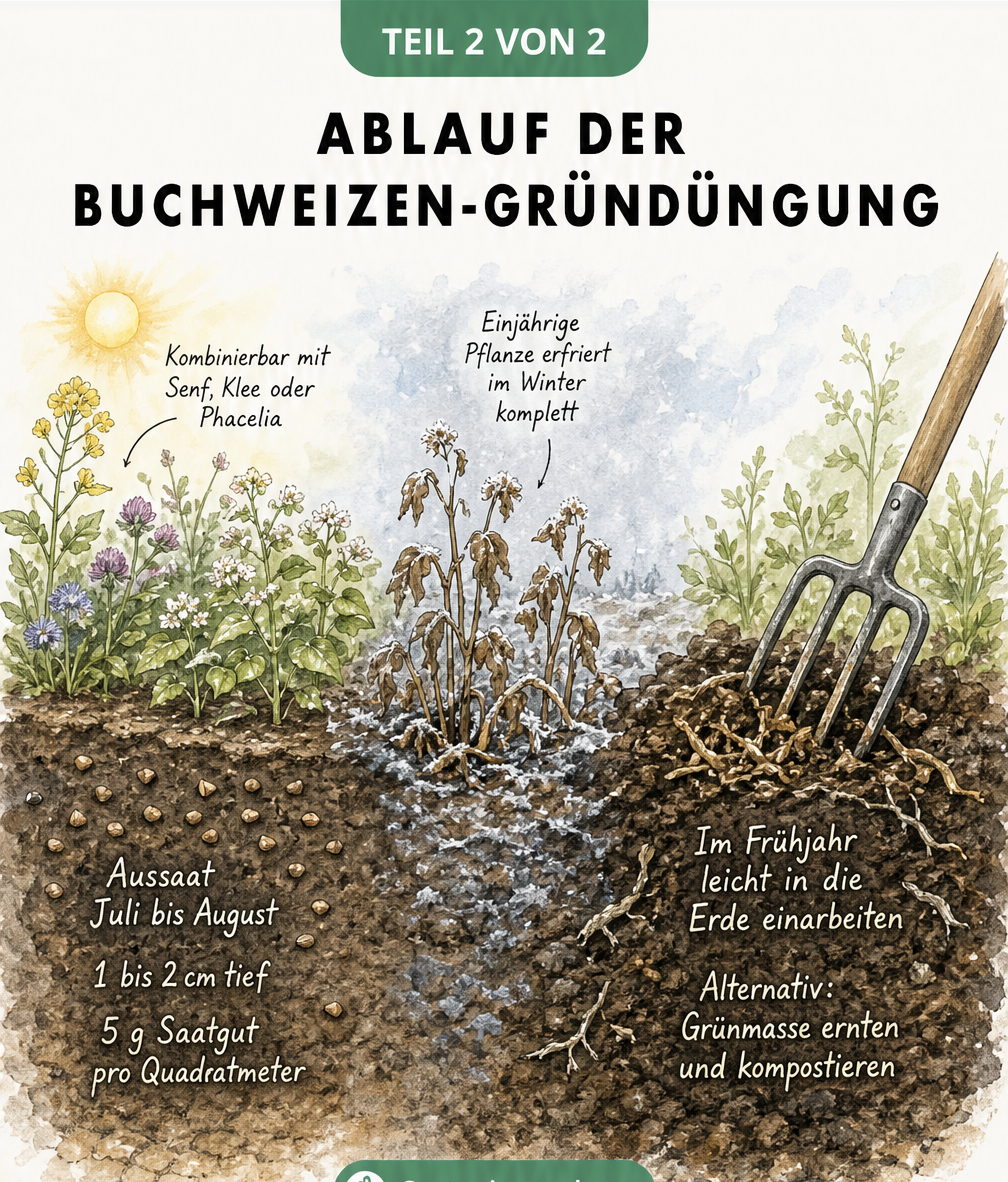 Illustration eines Gartenbeets im Jahresverlauf: Aussaat im Sommer, Frost im Winter und Einarbeiten im Frühjahr